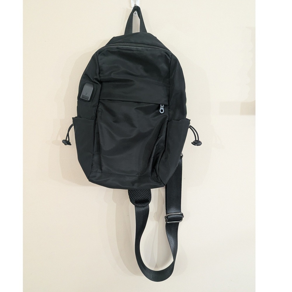 Sling Backpack Black Nylon USB Charging Port Crossbody Bag Small